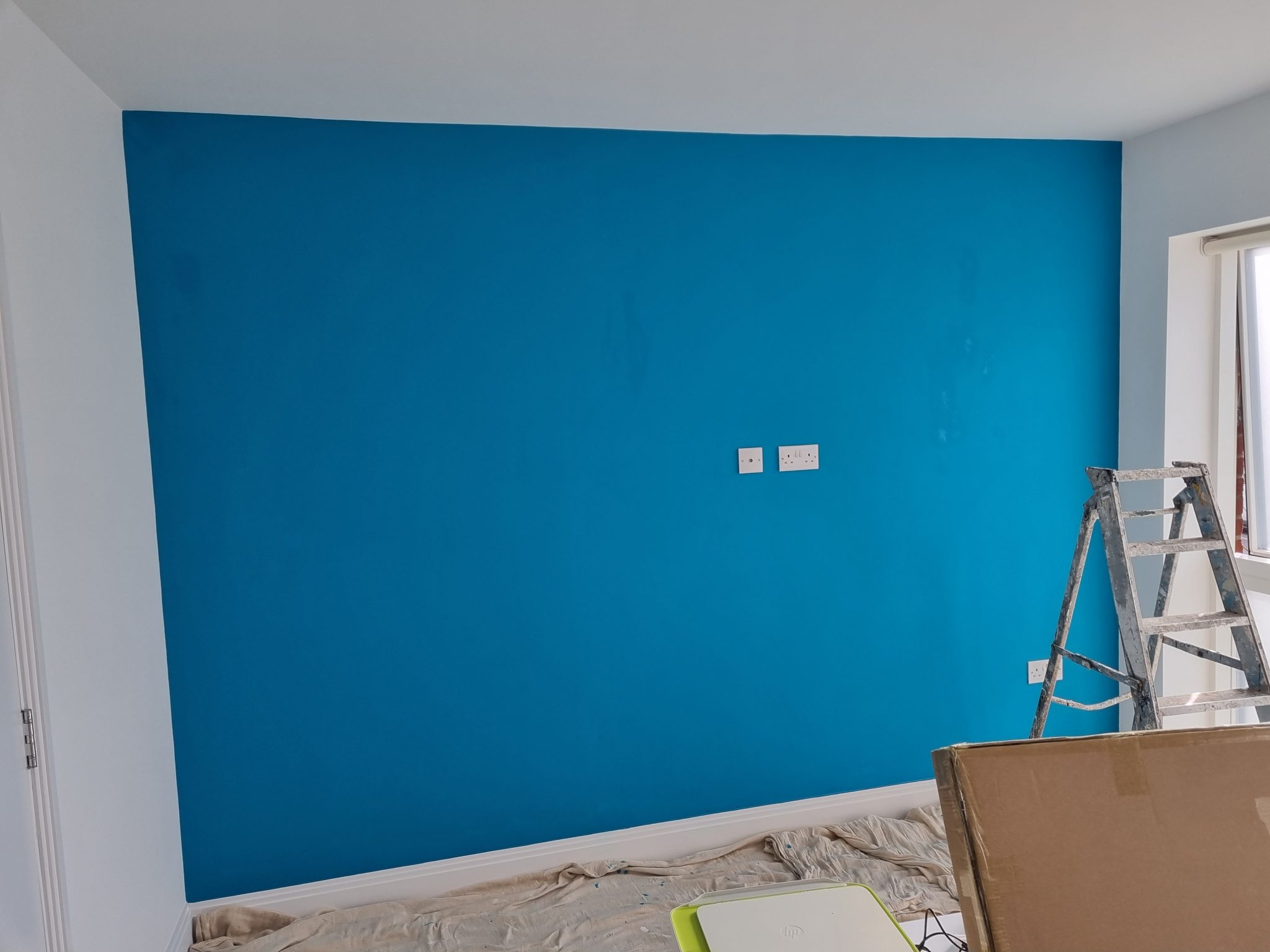 Room with a bright blue feature wall