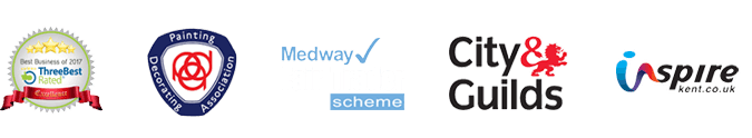 Logos of ThreeBest Rated, the Painting and Decorating Association, the Medway Council Fair Trader Scheme, City and Guilds and Inspire Kent Logos of ThreeBest Rated, the Painting and Decorating Association, the Medway Council Fair Trader Scheme, City and Guilds and Inspire Kent