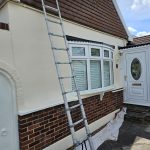 Cream painted render above red brick, with a ladder against the wall